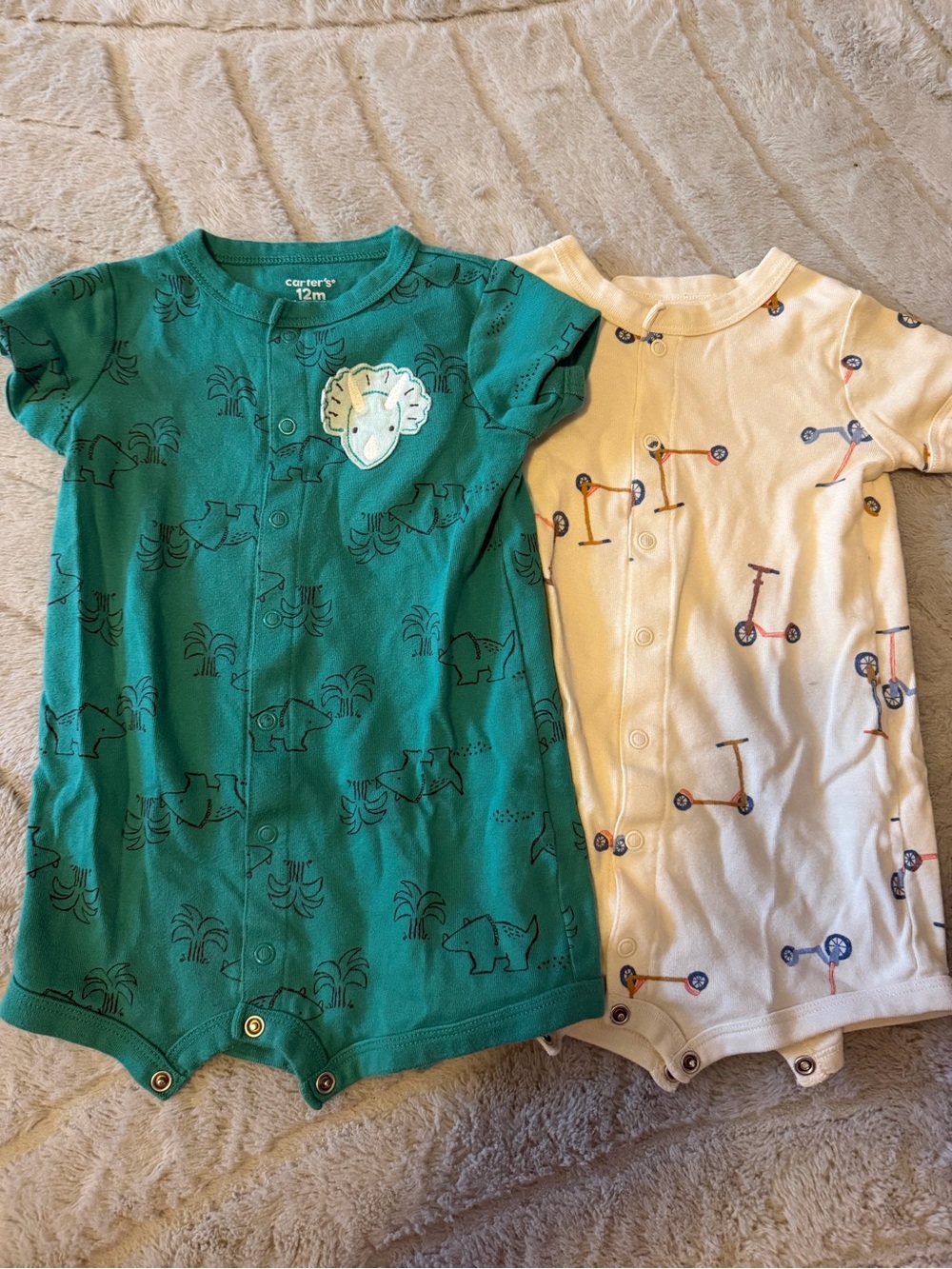 Carter's Teal Dinosaur Romper & Cream Scooter Romper